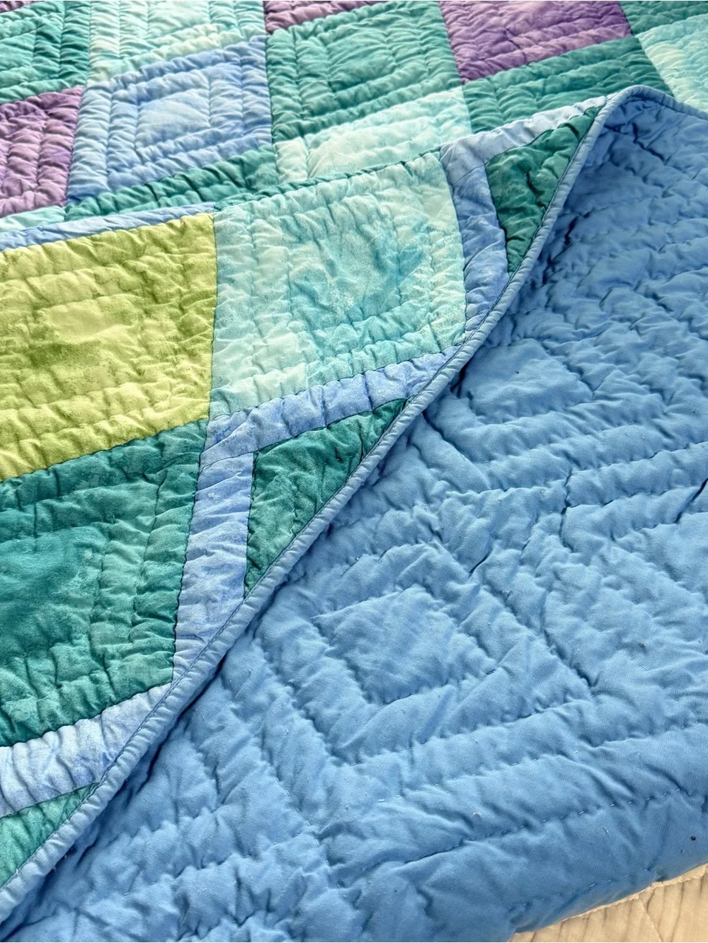Vintage Pastel Patchwork Cotton  Queen Quilt – 85” x 90”